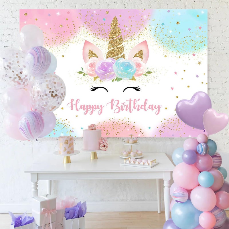 Mocsicka Unicorn Birthday Decorations Backdrop for Girls Party 5x3ft Pastel Rainbow Glitter Stars Dots Happy Birthday Banner Photo Booth Props - Image 3